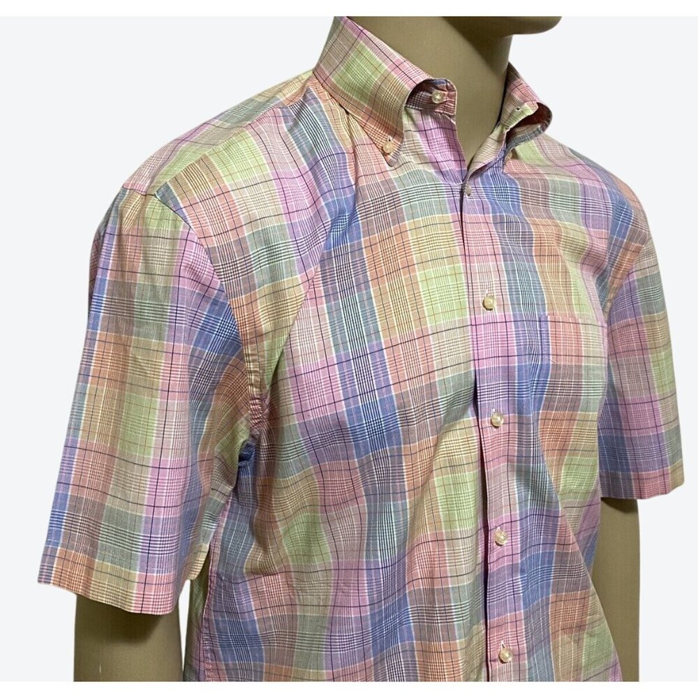 Peter Millar Men's Medium Short Sleeve Button Front Plaid Shirt Pink Yellow Blue - Picture 5 of 11